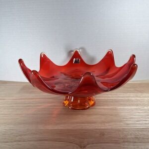GLOWS Viking Footed Bowl Line Amberina Compote Red Orange Yellow CHIPPED READ